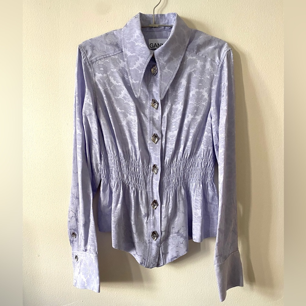 NWOT Ganni Light Purple Smocked Cinched Waist Long Sleeve Button Down Blouse 34